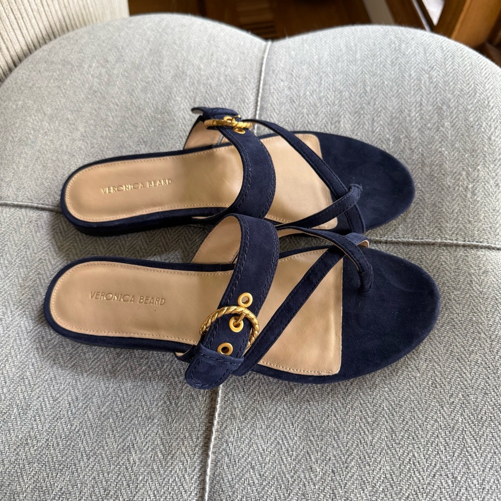 Veronica Beard Blue and Gold Sandals with Bow Detail - Picture 2 of 6